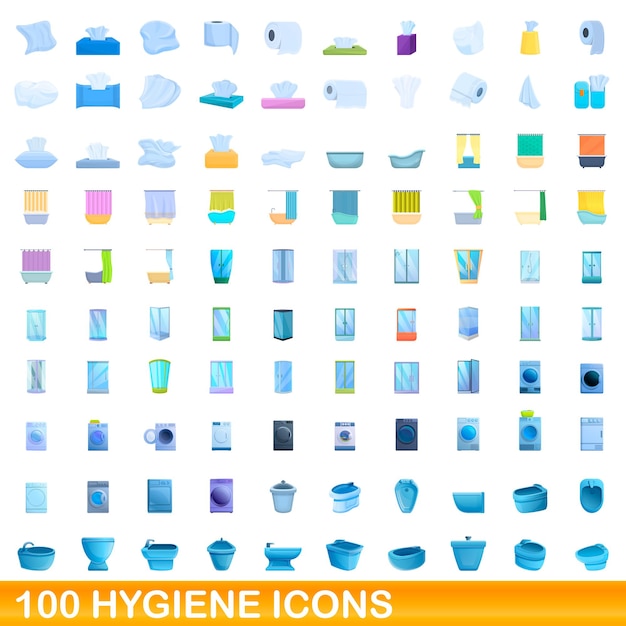 Conjunto de 100 iconos de higiene. ilustración de dibujos animados de 100 iconos de higiene conjunto de vectores aislado sobre fondo blanco