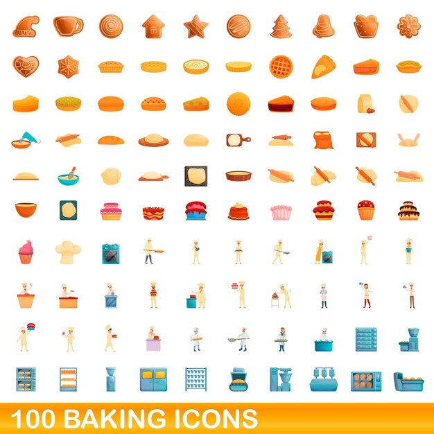 Conjunto de 100 iconos para hornear. Ilustración de dibujos animados de 100 iconos para hornear conjunto de vectores aislado sobre fondo blanco