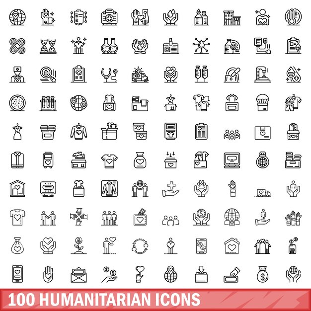 Conjunto de 100 iconos humanitarios ilustración general de un conjunto vectorial de 100 íconos humanitarios aislados sobre un fondo blanco