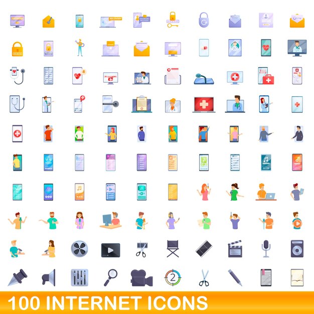 Conjunto de 100 iconos de internet. Ilustración de dibujos animados de 100 iconos de internet conjunto aislado