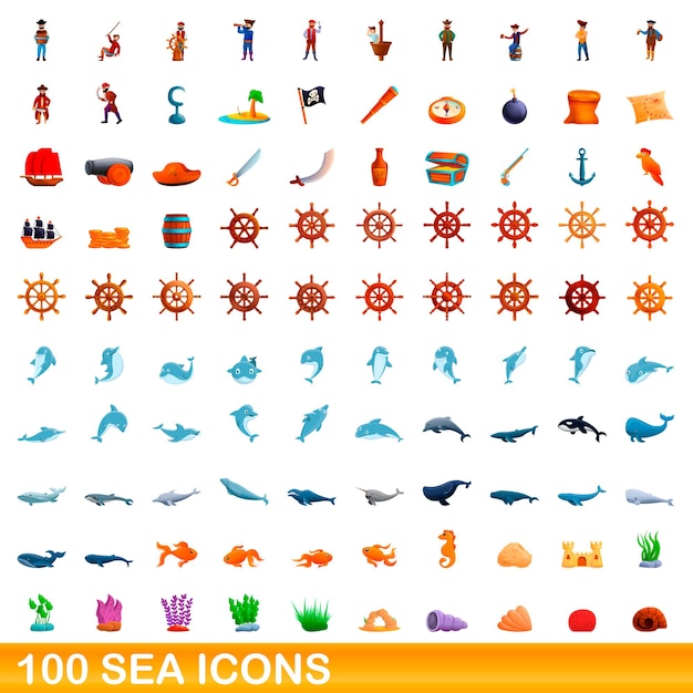 Conjunto de 100 iconos de mar. ilustración de dibujos animados de 100 iconos de mar conjunto aislado sobre fondo blanco