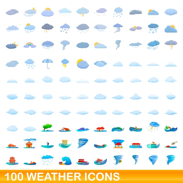 Conjunto de 100 iconos meteorológicos. Ilustración de dibujos animados de 100 iconos meteorológicos conjunto aislado