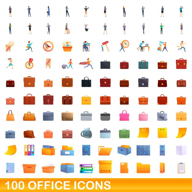 Conjunto de 100 iconos de oficina. Ilustración de dibujos animados de 100 iconos de oficina conjunto de vectores aislado sobre fondo blanco