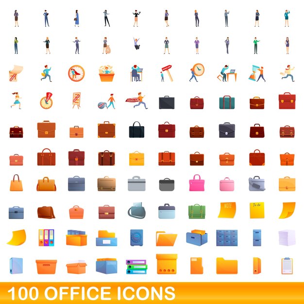 Conjunto de 100 iconos de oficina. ilustración de dibujos animados de 100 iconos de oficina conjunto de vectores aislado sobre fondo blanco