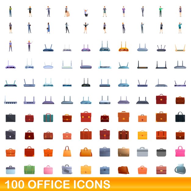 Conjunto de 100 iconos de oficina. Ilustración de dibujos animados de 100 iconos de oficina conjunto de vectores aislado sobre fondo blanco