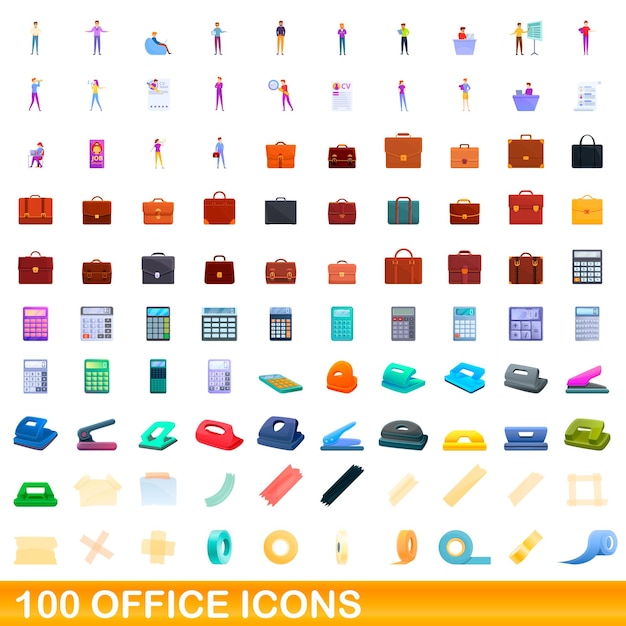 Conjunto de 100 iconos de oficina. Ilustración de dibujos animados de 100 iconos de oficina conjunto de vectores aislado sobre fondo blanco