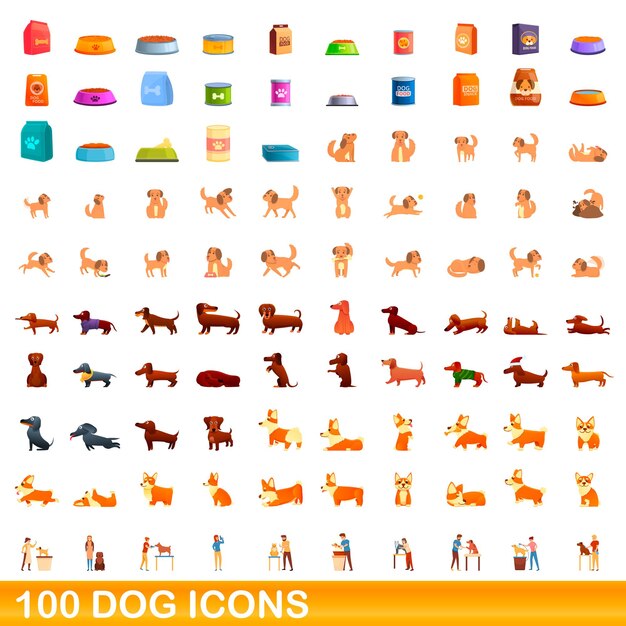 Conjunto de 100 iconos de perro. ilustración de dibujos animados de 100 iconos de perro conjunto aislado