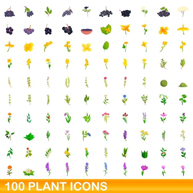 Vector conjunto de 100 iconos de plantas. ilustración de dibujos animados de 100 iconos de plantas conjunto aislado