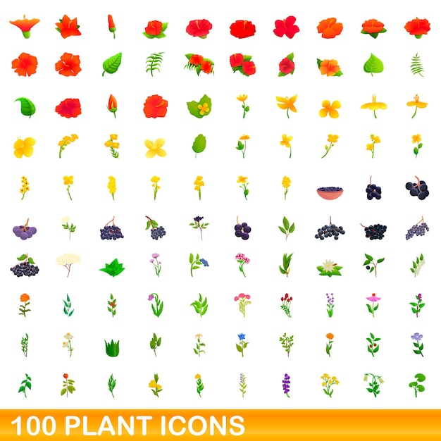 Conjunto de 100 iconos de plantas. ilustración de dibujos animados de 100 iconos de plantas conjunto de vectores aislado sobre fondo blanco