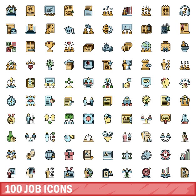 Conjunto de 100 iconos de trabajo Conjunto de líneas de color de iconos vectoriales de trabajo Línea delgada de color plano en blanco