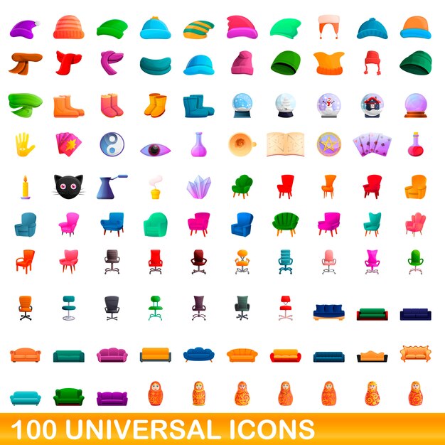 Conjunto de 100 iconos universales, estilo de dibujos animados