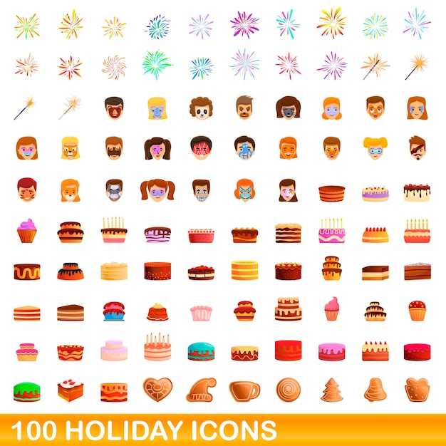 Conjunto de 100 iconos de vacaciones. ilustración de dibujos animados de 100 iconos de vacaciones conjunto aislado