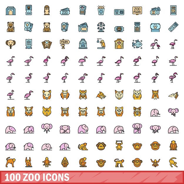 Conjunto de 100 iconos de zoológico Conjunto en línea de color de iconos vectoriales de zoológico