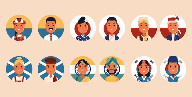 Conjunto de 12 avatares de diferentes países Ucrania Japón Escocia India Polonia Corea