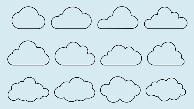 Conjunto de 12 contornos de nubes en un fondo azul claro Las formas de las nubes varían en tamaño y estilo Diseño de nubes sencillo perfecto para proyectos con temática meteorológica Conjunto vectorial de ilustración meteorológica