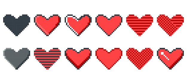 Conjunto de 12 corazones de pixel art