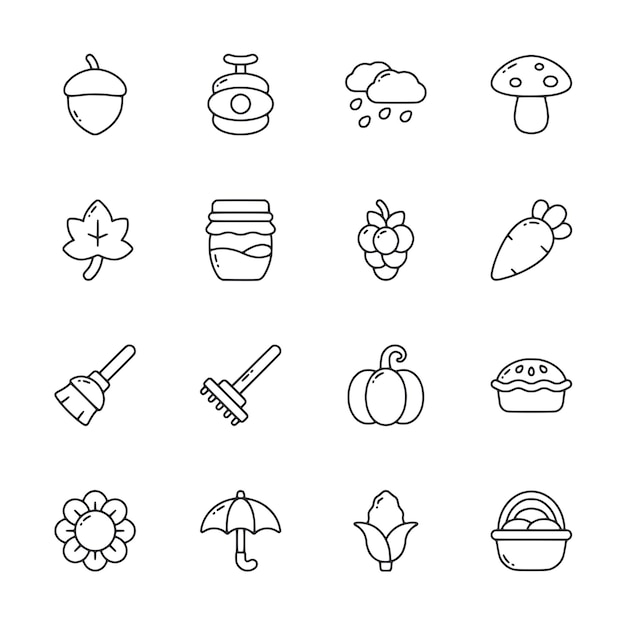 Un conjunto de 12 diferentes iconos de comida y jardín