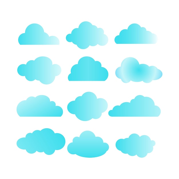 Conjunto de 12 diferentes íconos de nubes vectoriales azules en diferentes formas conceptuales del pronóstico del tiempo