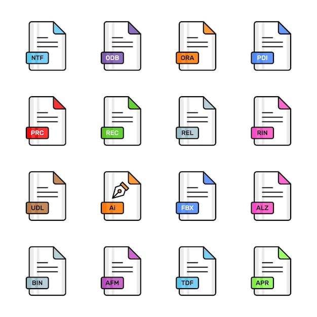 Conjunto de 12 iconos de formato de archivo que muestran claramente diferentes extensiones de archivo, por ejemplo, NTF ODB PRC