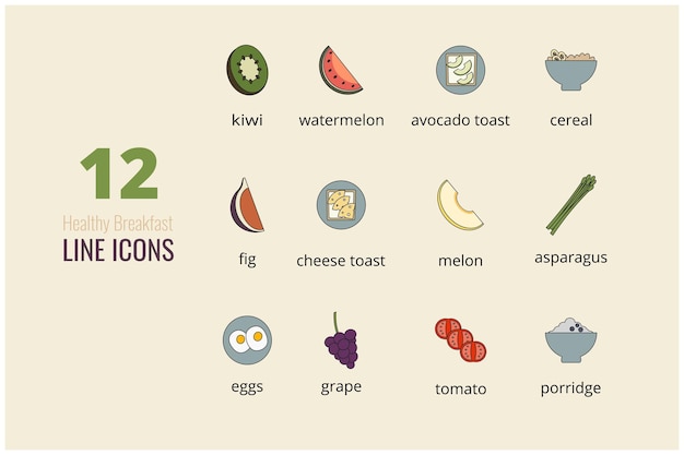 Conjunto de 12 iconos de línea de colores de comida de desayuno en vector