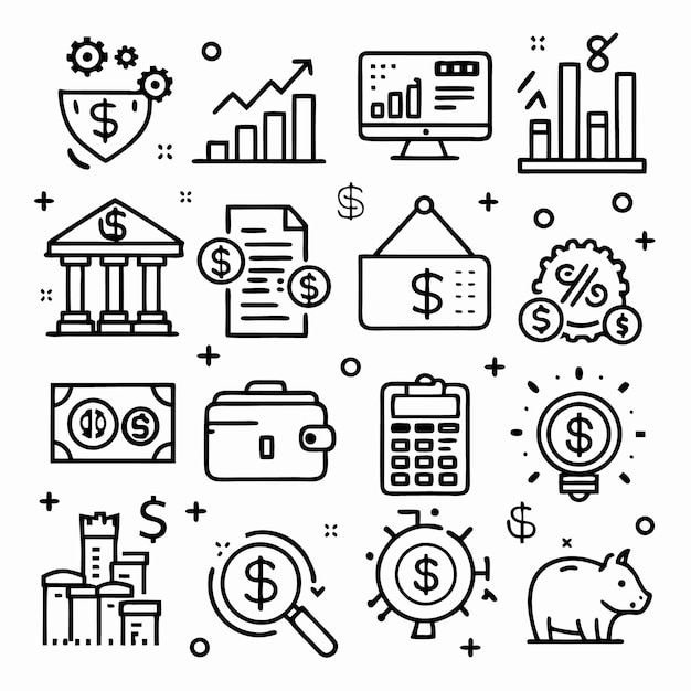 Un conjunto de 12 iconos de línea que representan conceptos financieros y comerciales