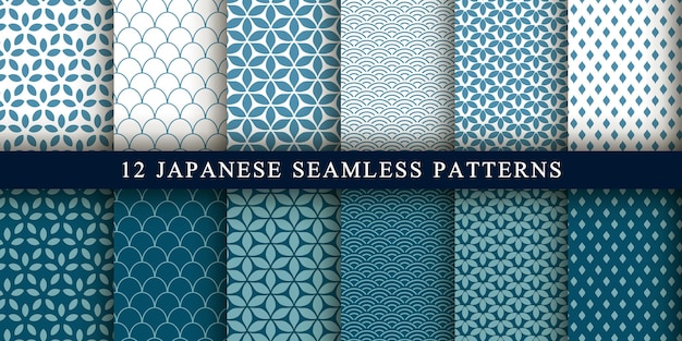 Conjunto de 12 lujosos patrones vectoriales de estilo japonés Patrones geométricos sobre un fondo azul