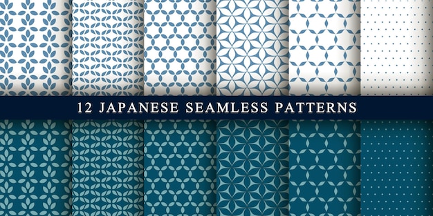 Conjunto de 12 lujosos patrones vectoriales de estilo japonés Patrones geométricos sobre un fondo azul