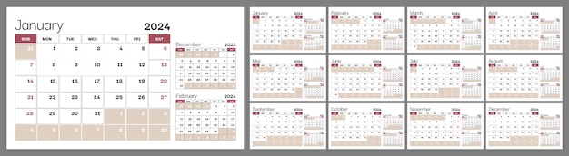 Conjunto de 12 páginas de calendario trimestrales horizontales para 2024 plantilla de diseño vectorial la semana comienza el domingo