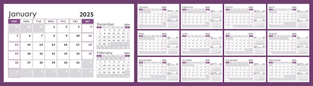 Conjunto de 12 páginas de calendario trimestrales horizontales para la plantilla de diseño púrpura 2025 La semana comienza el domingo