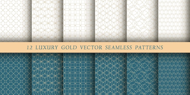 Conjunto de 12 patrones sin fisuras de vector de lujo Patrones geométricos sobre un fondo blanco y esmeralda