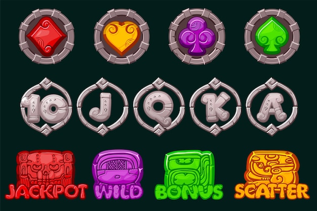 Conjunto de 12 símbolos de tragamonedas Tema maya o azteca Elemento Ui para el premio mayor en el juego Iconos de piedra para juegos 2D y casinos o tragamonedas Elementos gráficos para el desarrollo de máquinas tragamonedas