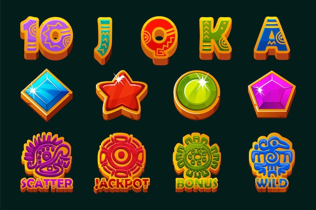 Conjunto de 12 símbolos de tragamonedas Tema maya o azteca Elemento Ui para su juego Iconos de estilo para juegos 2D y casinos o tragamonedas Elementos gráficos para el desarrollo de máquinas tragamonedas
