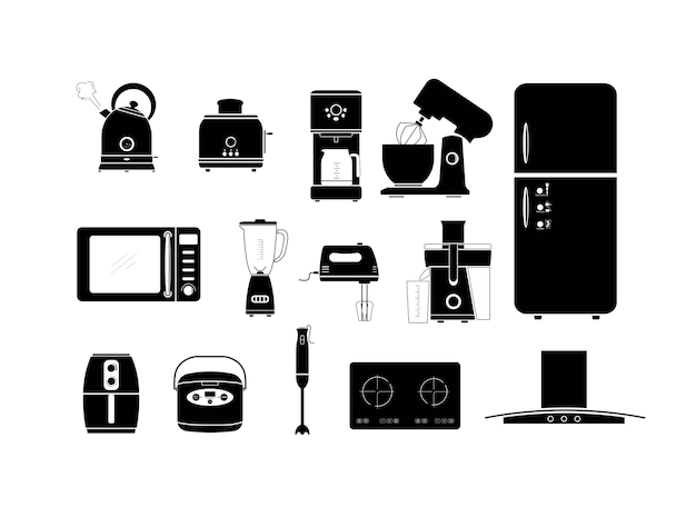 Conjunto de 14 dispositivos de electrodomésticos de cocina silueta vector sobre fondo blanco