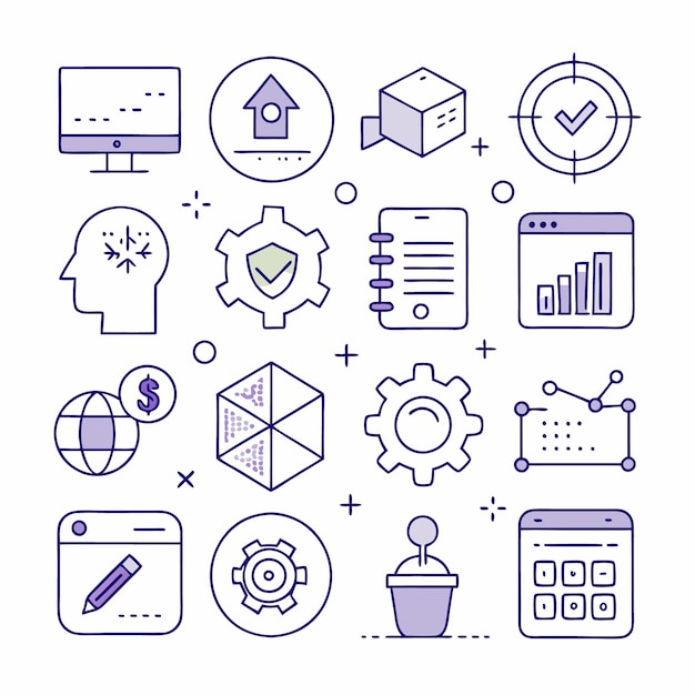 Un conjunto de 14 iconos de arte de línea que representan varios aspectos de la tecnología y los negocios