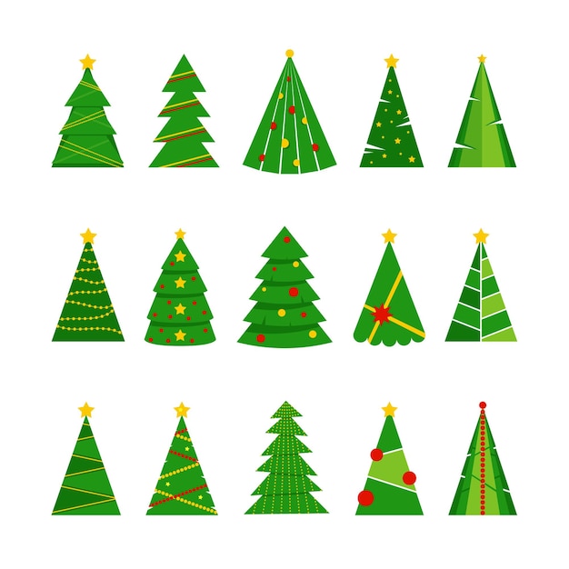 Conjunto de 15 árbol de Navidad verde con adornos festivos aislado sobre fondo blanco. Ilustración plana vectorial para tarjetas de felicitación, carteles, invitaciones, banner web.