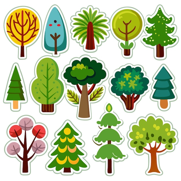 Conjunto de 15 árboles de dibujos animados diferentes con varias formas y colores perfectos para ilustraciones, diseños y artesanías