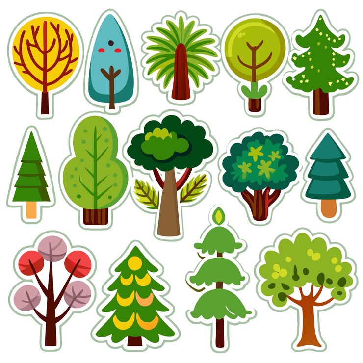 Vector un conjunto de 15 árboles de dibujos animados en varios estilos y colores