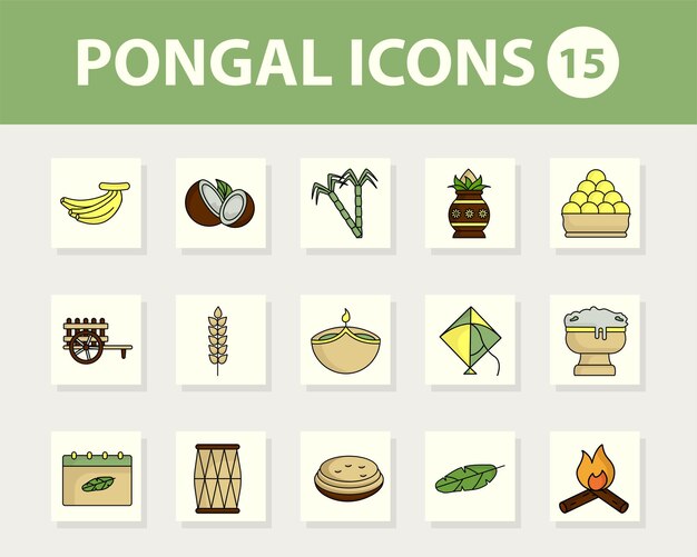 Conjunto de 15 iconos de celebración pongal sobre fondo cuadrado blanco