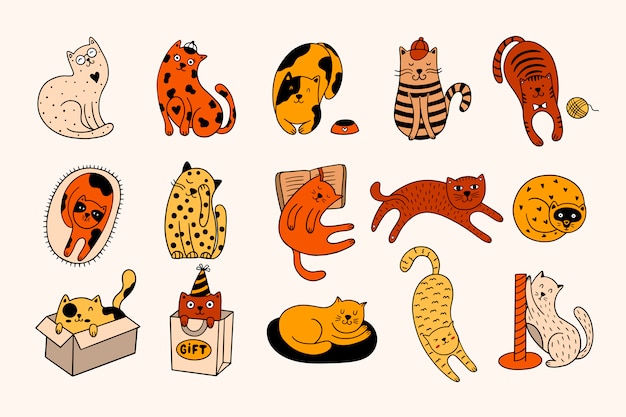 Vector conjunto de 15 lindos gatos dibujados a mano