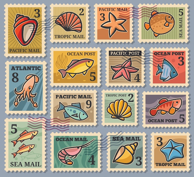 Vector conjunto de 15 sellos postales con imágenes de habitantes marinos. sellos en un estilo de dibujos animados con un contorno audaz. colores en tonos de tendencia de azul, marrón, naranja. fabricación de sellos, postales, carteles