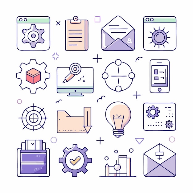 Un conjunto de 16 iconos de contorno dibujados a mano que presentan una combinación de varias ideas relacionadas con el negocio, como configuraciones, lista de control, carpeta de correo electrónico, gráfico de bombilla y muchas más.