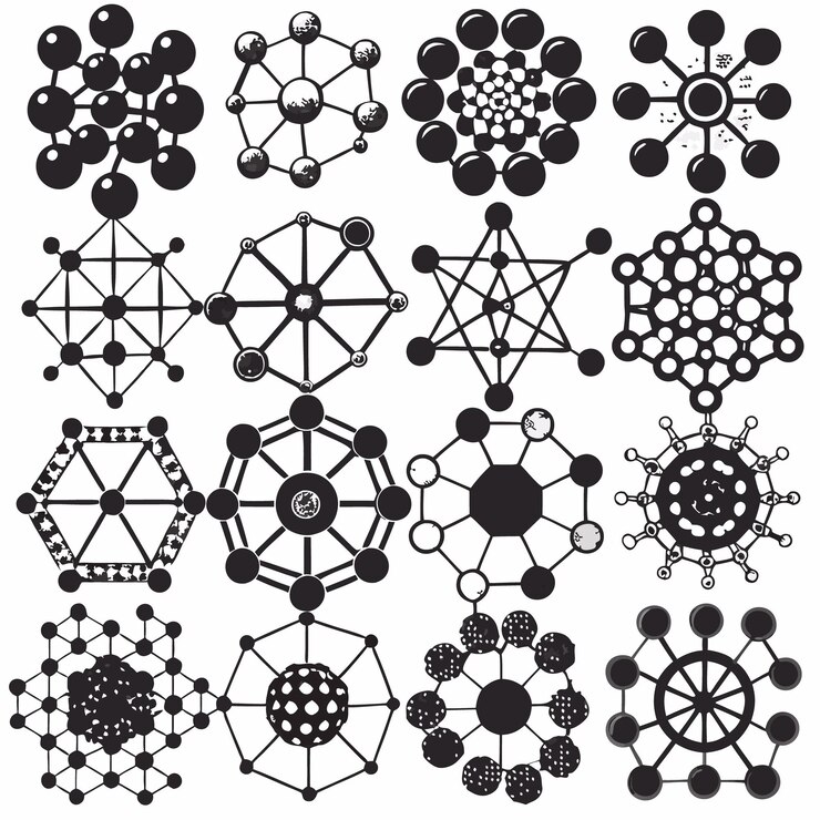 Vector conjunto de 16 iconos geométricos en blanco y negro de círculos conectados por líneas