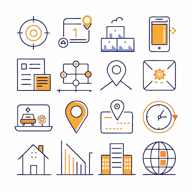 Conjunto de 16 iconos de línea con colores naranja y azul, incluido el reloj de la casa de alfileres y las ubicaciones globales