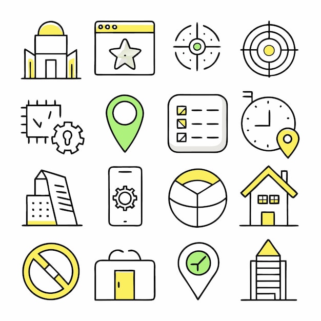 Un conjunto de 16 iconos de línea que representan varios conceptos de negocios y oficinas