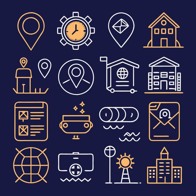 Un conjunto de 16 iconos de línea que representan varios conceptos relacionados con la tecnología de ubicación y la comunicación