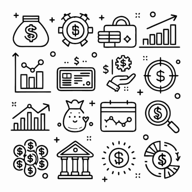 Conjunto de 16 iconos de línea relacionados con el dinero financiero de las empresas y el crecimiento financiero