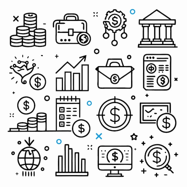 Conjunto de 16 iconos de línea relacionados con finanzas, negocios e inversiones