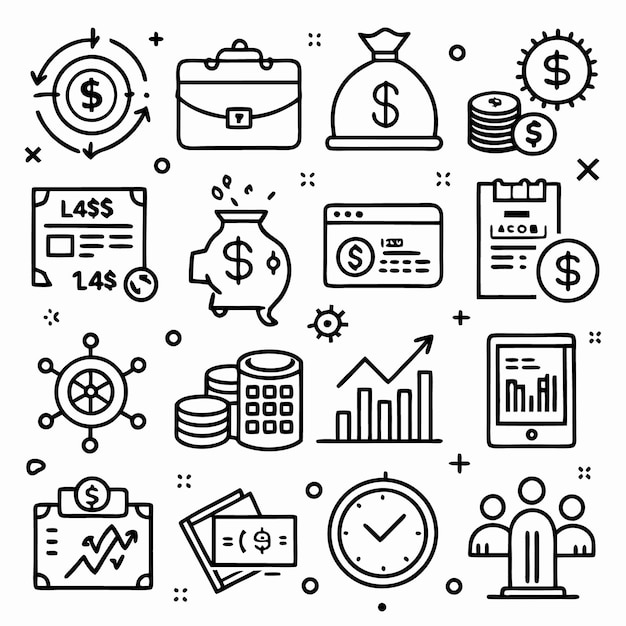 Conjunto de 16 iconos de líneas en blanco y negro relacionados con las finanzas, la banca empresarial y la inversión
