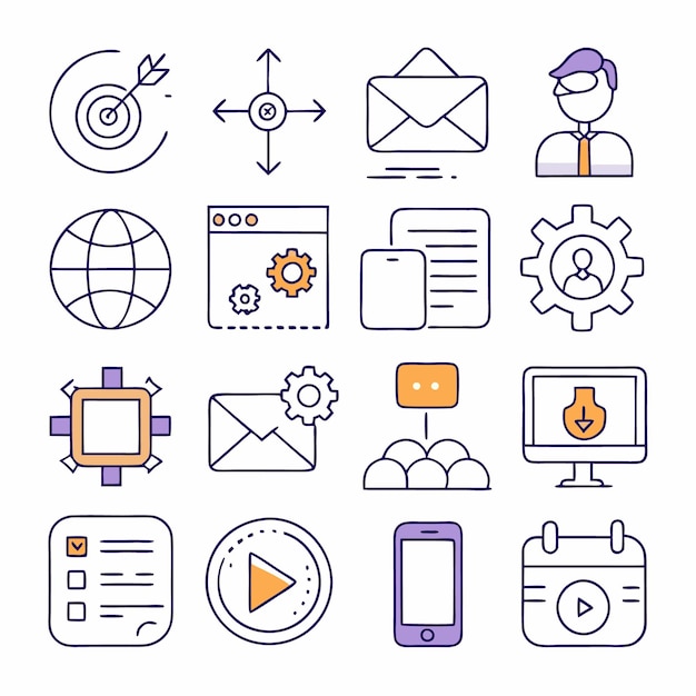 Un conjunto de 16 iconos relacionados con el negocio, incluida la dirección de destino, el correo electrónico del usuario, el globo, la configuración del navegador, el documento, el servidor de chat, la reproducción de video, el calendario del teléfono móvil y más.