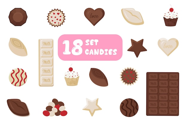Conjunto de 18 chocolates iconos ilustración vectorial